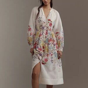 Anthropologie Let Me Be Long Sleeve V Neck Floral A-Line Midi White Lace Dress